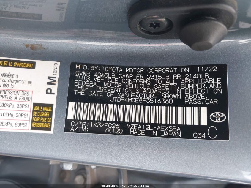 2023 Toyota Corolla Se VIN: JTDP4MCE8P3516360 Lot: 43948957