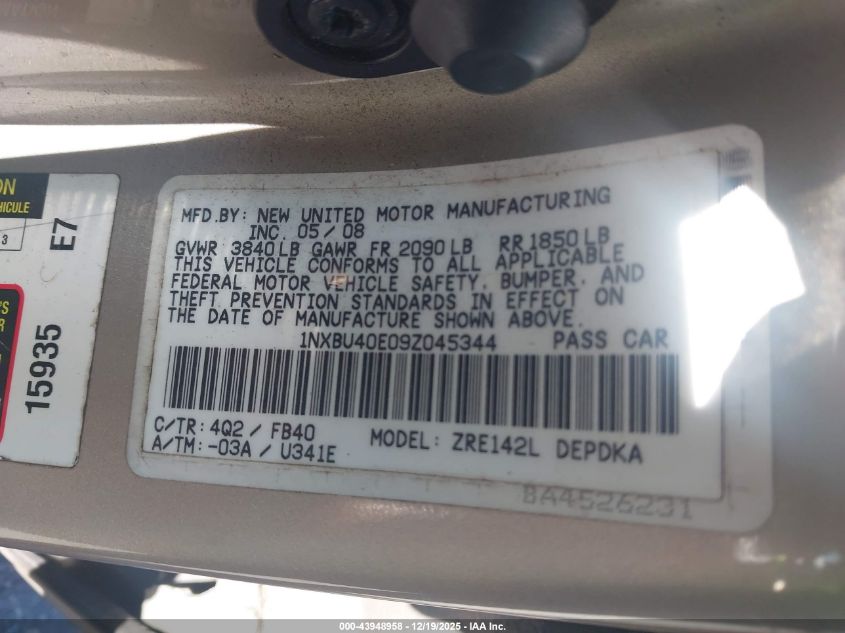 2009 Toyota Corolla Le VIN: 1NXBU40E09Z045344 Lot: 43948958