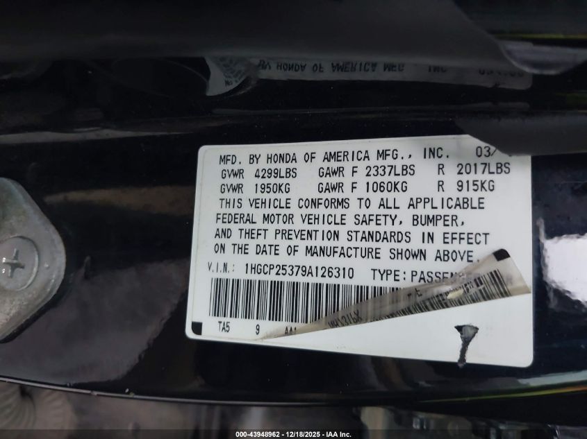 2009 Honda Accord 2.4 Lx VIN: 1HGCP25379A126310 Lot: 43948962