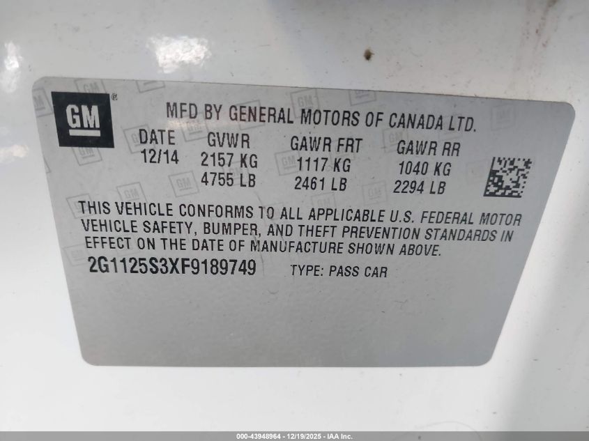 2015 Chevrolet Impala 2Lt VIN: 2G1125S3XF9189749 Lot: 43948964