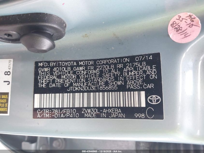 2014 Toyota Prius Two VIN: JTDKN3DU3E1856855 Lot: 43948965