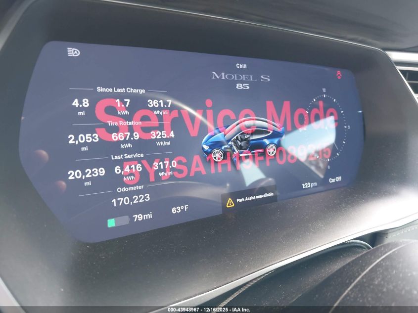 2015 Tesla Model S 60/70/85 VIN: 5YJSA1H19FF089215 Lot: 43948967