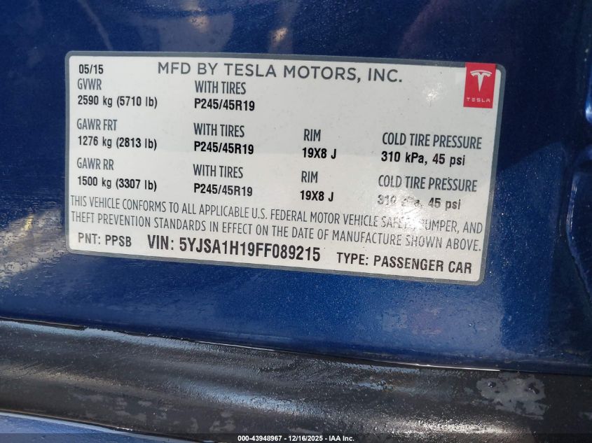 2015 Tesla Model S 60/70/85 VIN: 5YJSA1H19FF089215 Lot: 43948967