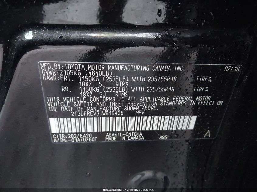 2018 Toyota Rav4 Limited VIN: 2T3DFREV3JW819428 Lot: 43948969