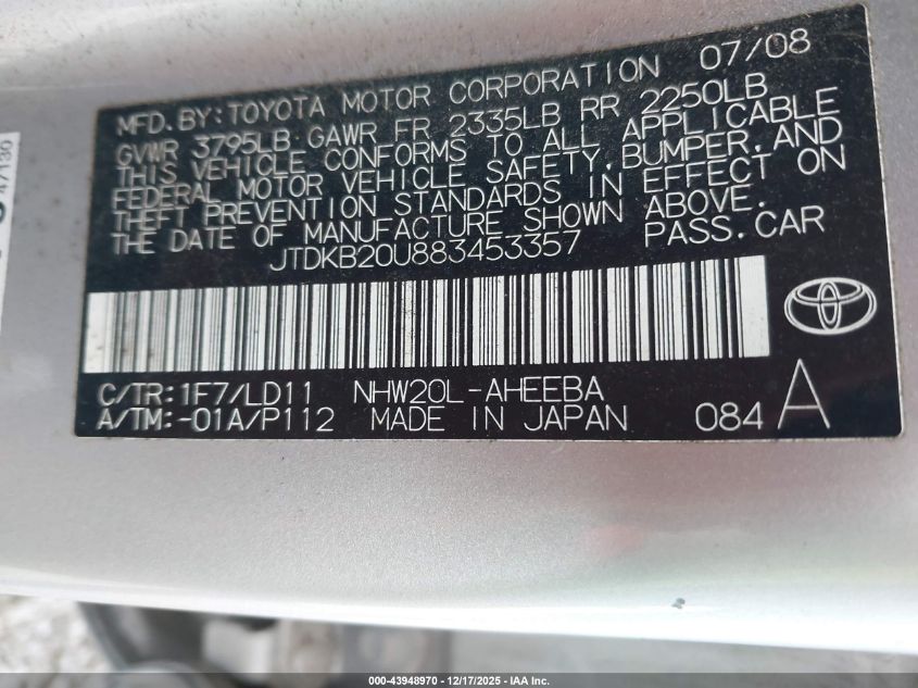 2008 Toyota Prius VIN: JTDKB20U883453357 Lot: 43948970