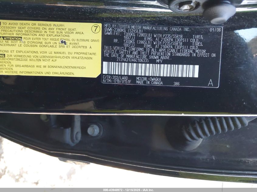 2006 Lexus Rx 330 VIN: 2T2HA31U46C106335 Lot: 43948972