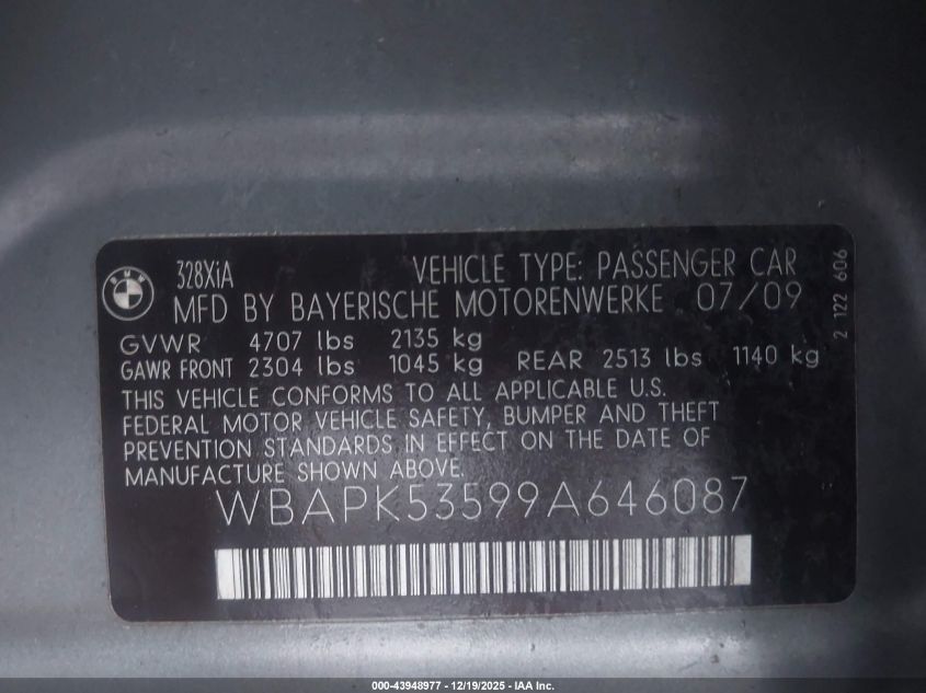 2009 BMW 328I xDrive VIN: WBAPK53599A646087 Lot: 43948977