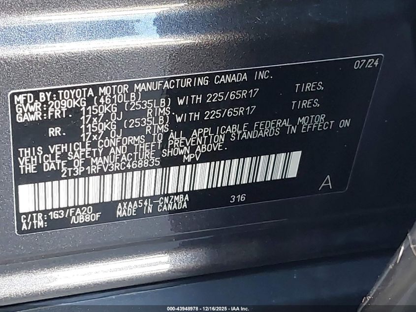 2024 Toyota Rav4 Xle VIN: 2T3P1RFV3RC468835 Lot: 43948978