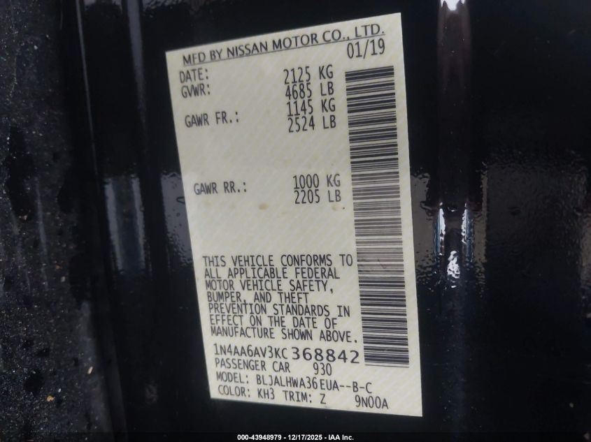 2019 Nissan Maxima 3.5 Platinum VIN: 1N4AA6AV3KC368842 Lot: 43948979