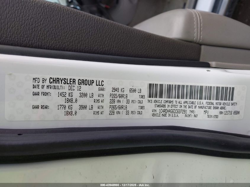 2013 Dodge Durango Sxt VIN: 1C4RDHAG6DC637291 Lot: 43948980