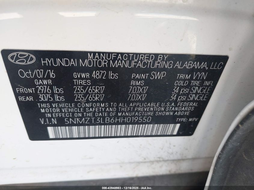 2017 Hyundai Santa Fe Sport 2.4L VIN: 5NMZT3LB6HH019550 Lot: 43948983