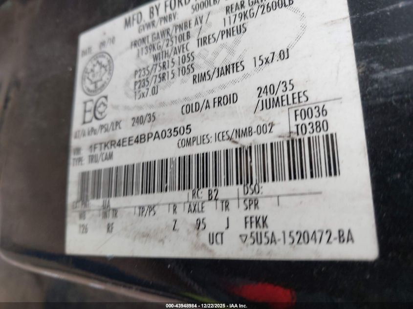 2011 Ford Ranger Sport VIN: 1FTKR4EE4BPA03505 Lot: 43948984