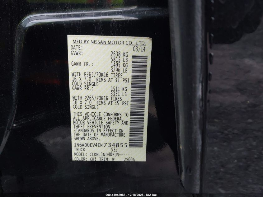 2014 Nissan Frontier S VIN: 1N6AD0EV4EN734855 Lot: 43948988