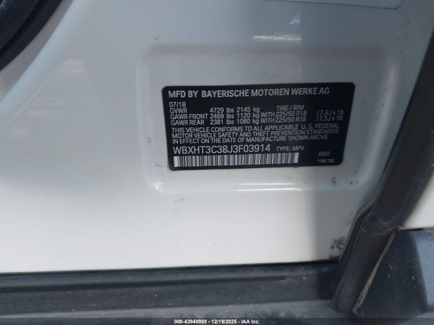 2018 BMW X1 xDrive28I VIN: WBXHT3C38J3F03914 Lot: 43948989