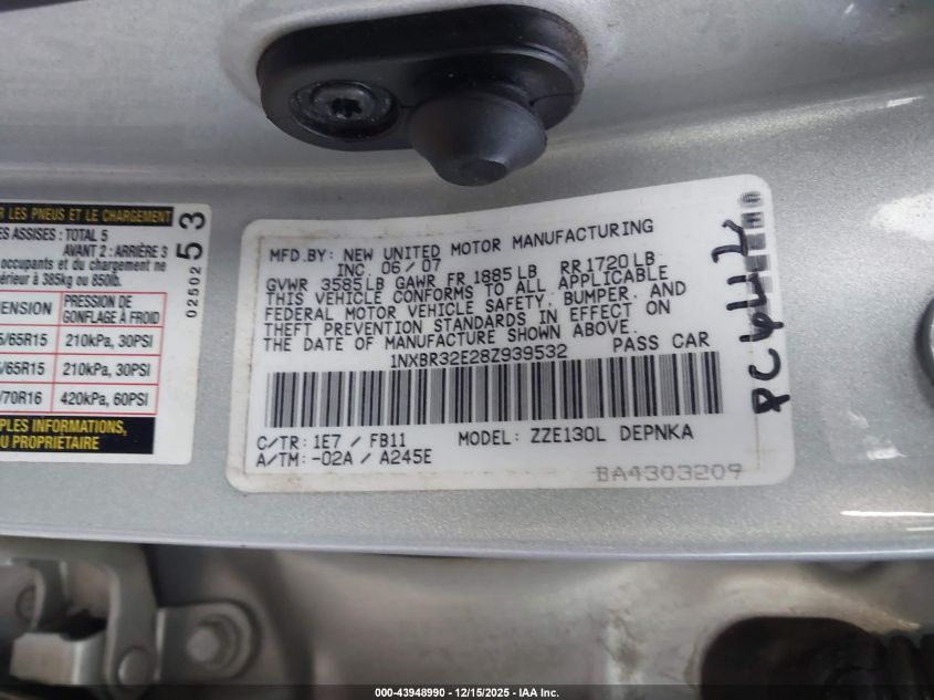 2008 Toyota Corolla Le VIN: 1NXBR32E28Z939532 Lot: 43948990