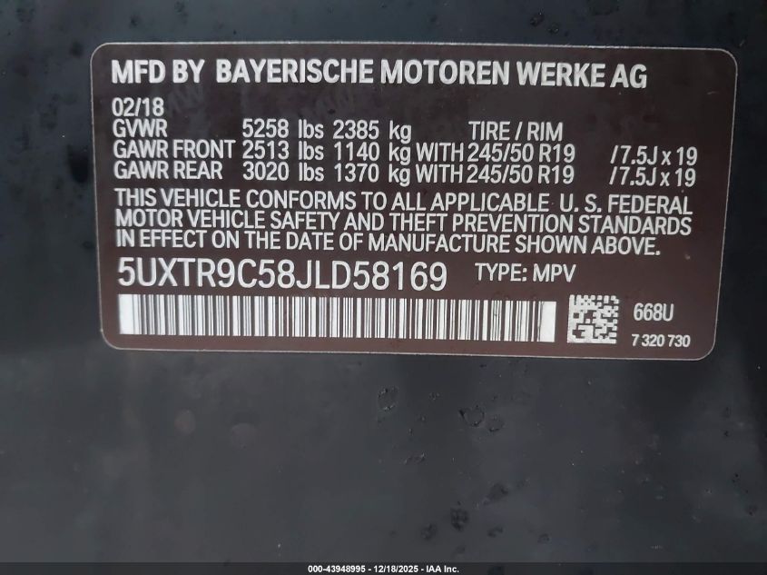 2018 BMW X3 xDrive30I VIN: 5UXTR9C58JLD58169 Lot: 43948995