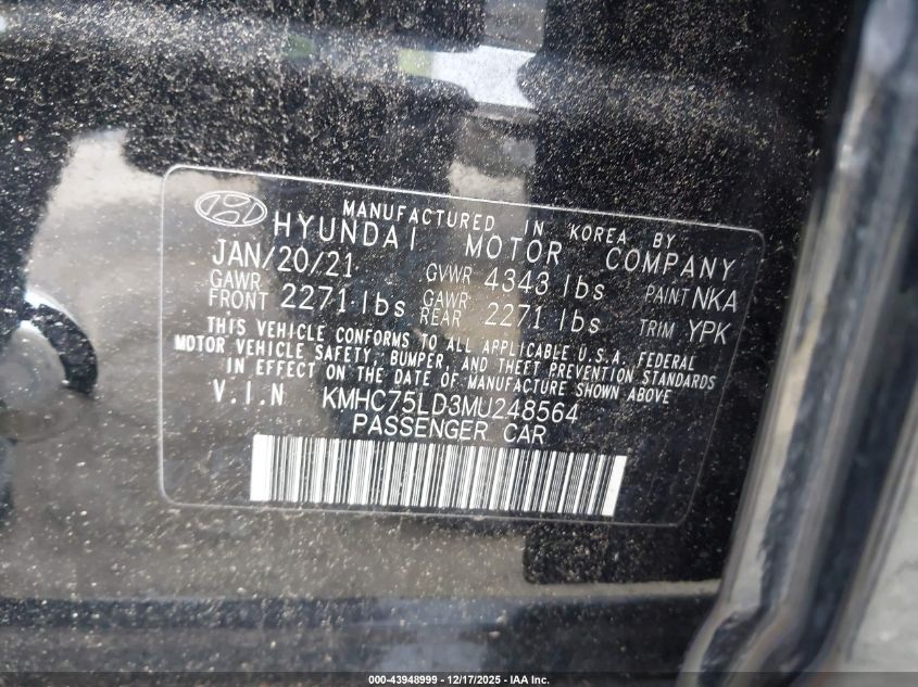 2021 Hyundai Ioniq Plug-In Hybrid Sel VIN: KMHC75LD3MU248564 Lot: 43948999