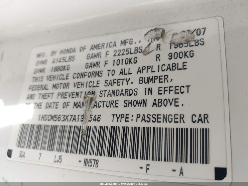 2007 Honda Accord 2.4 Se VIN: 1HGCM563X7A195546 Lot: 43949005