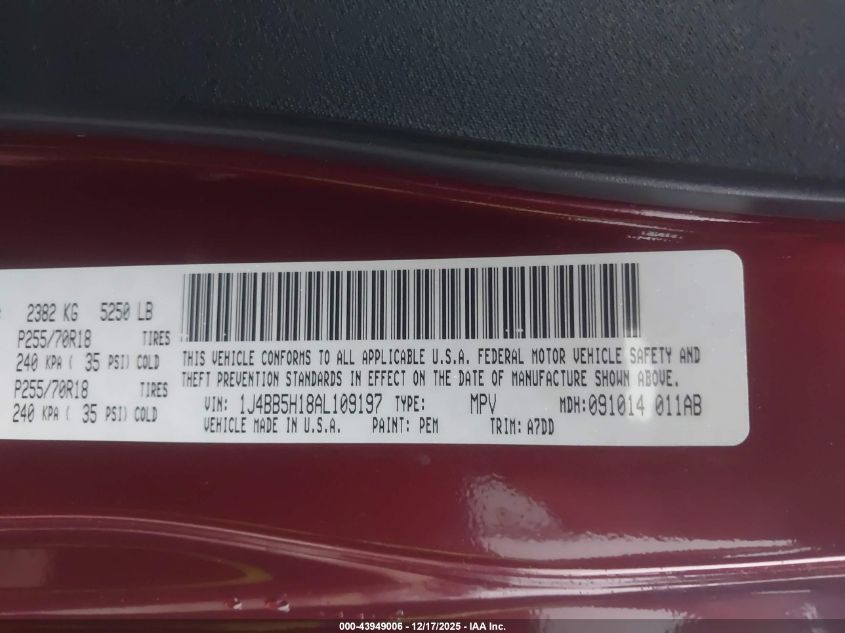 2010 Jeep Wrangler Unlimited Sahara VIN: 1J4BB5H18AL109197 Lot: 43949006