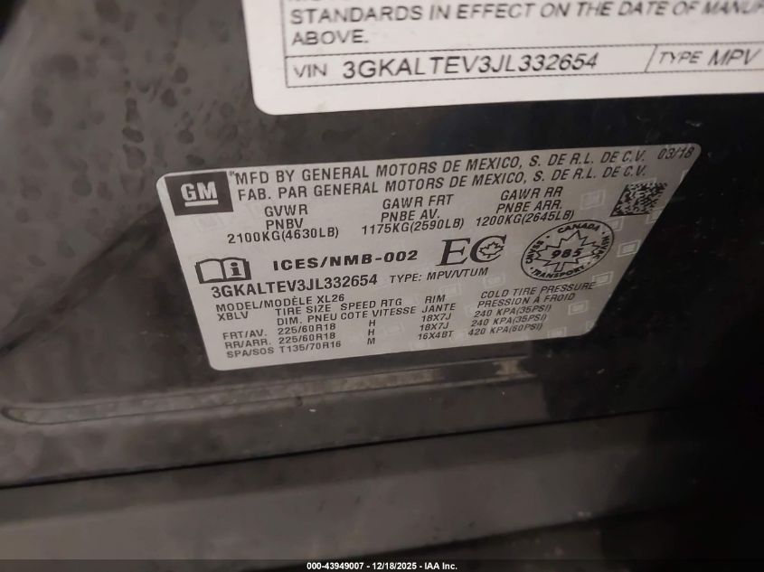 2018 GMC Terrain Sle VIN: 3GKALTEV3JL332654 Lot: 43949007