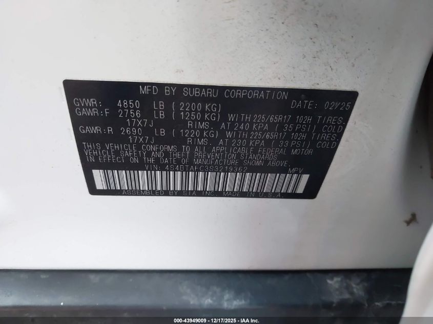 2025 Subaru Outback Premium VIN: 4S4BTAFC3S3219362 Lot: 43949009