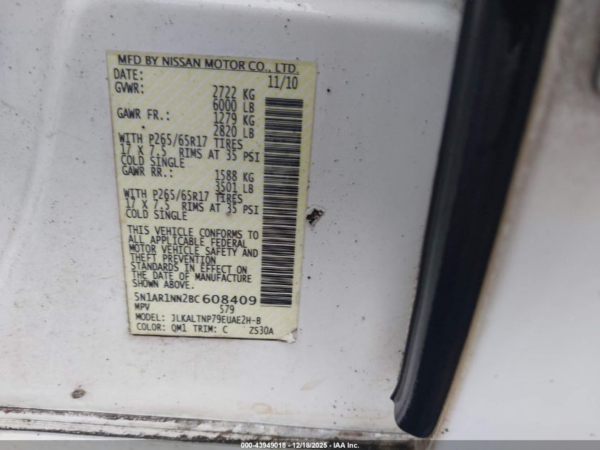 2011 Nissan Pathfinder Silver VIN: 5N1AR1NN2BC608409 Lot: 43949018