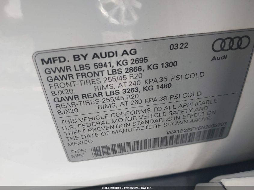 2022 Audi Q5 Premium Plus 55 Tfsi E S Line Quattro S Tronic VIN: WA1E2BFY6N2093203 Lot: 43949019