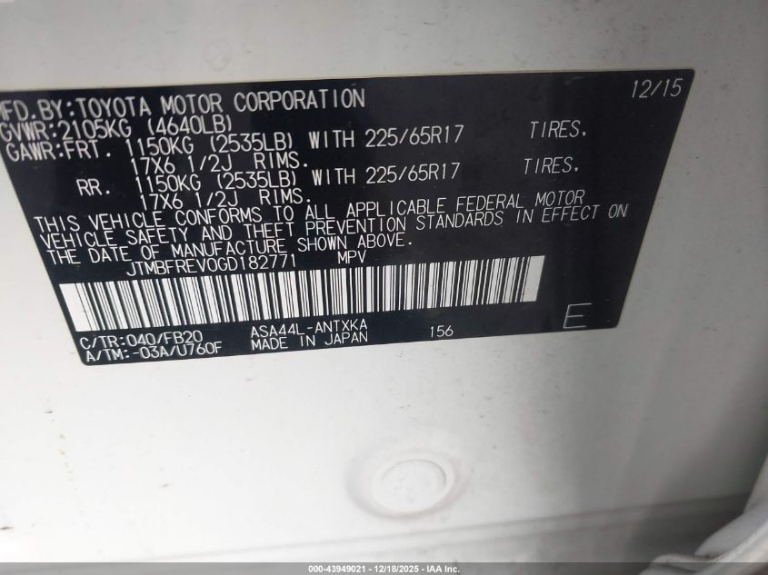 2016 Toyota Rav4 Le VIN: JTMBFREV0GD182771 Lot: 43949021