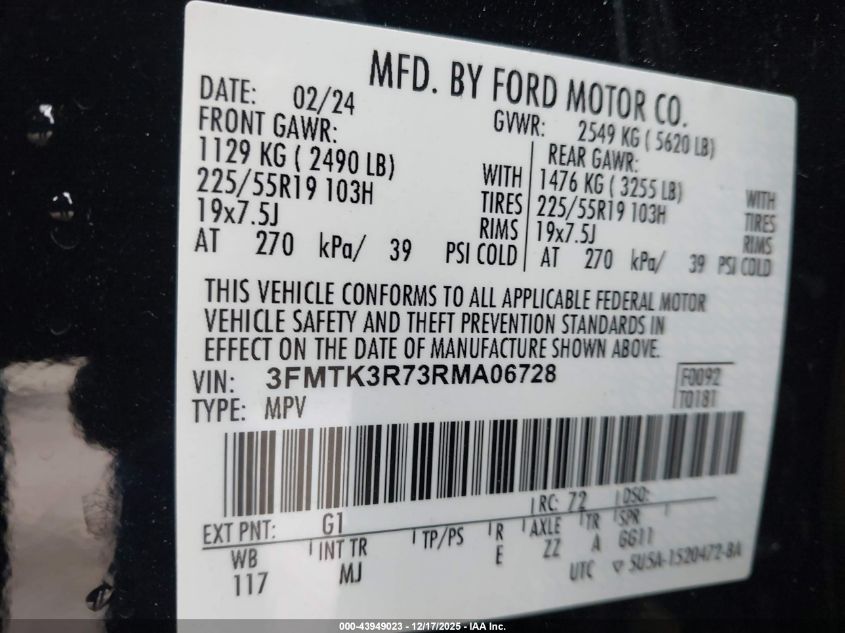 2024 Ford Mustang Mach-E Premium VIN: 3FMTK3R73RMA06728 Lot: 43949023