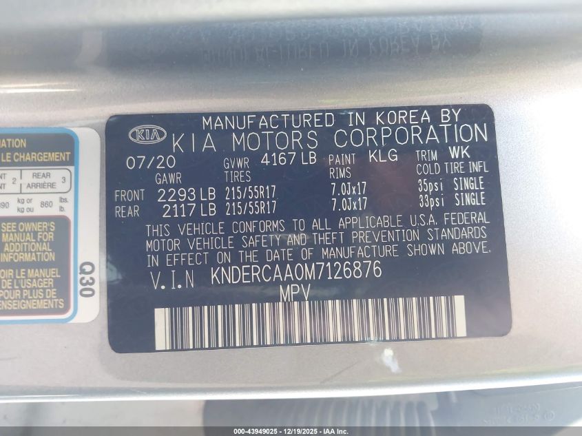 2021 Kia Seltos Ex VIN: KNDERCAA0M7126876 Lot: 43949025