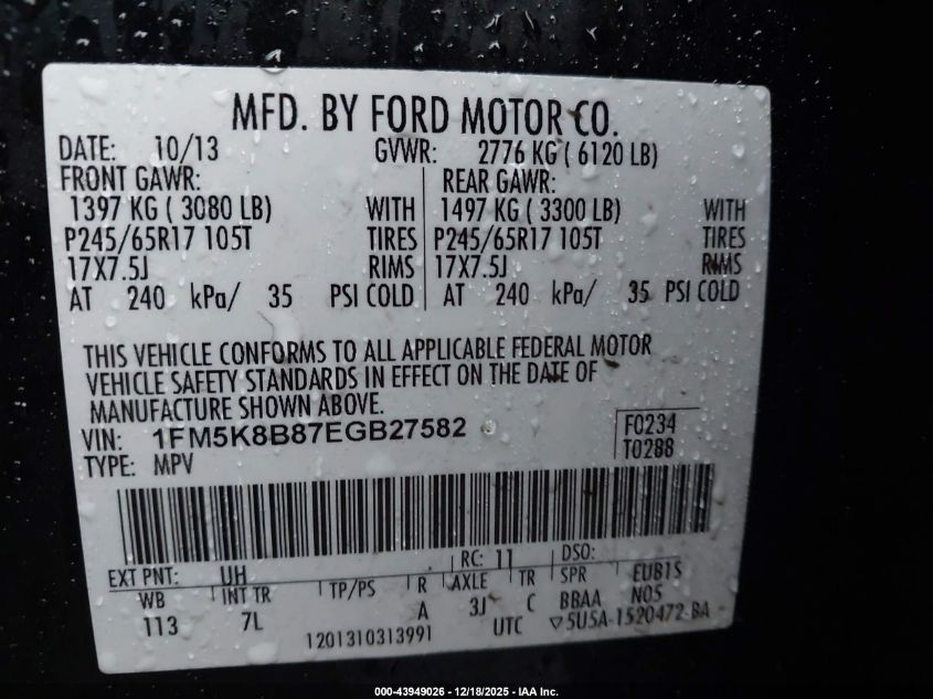 2014 Ford Explorer VIN: 1FM5K8B87EGB27582 Lot: 43949026