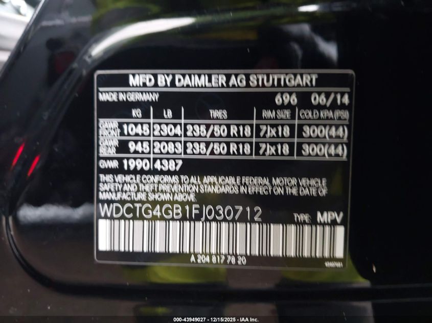 2015 Mercedes-Benz Gla 250 4Matic VIN: WDCTG4GB1FJ030712 Lot: 43949027