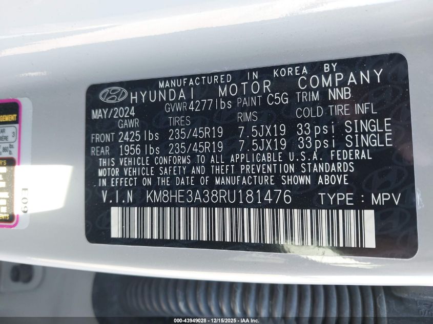 2024 Hyundai Kona Limited VIN: KM8HE3A38RU181476 Lot: 43949028