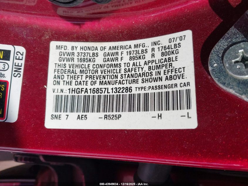 2007 Honda Civic Ex VIN: 1HGFA16857L132286 Lot: 43949034