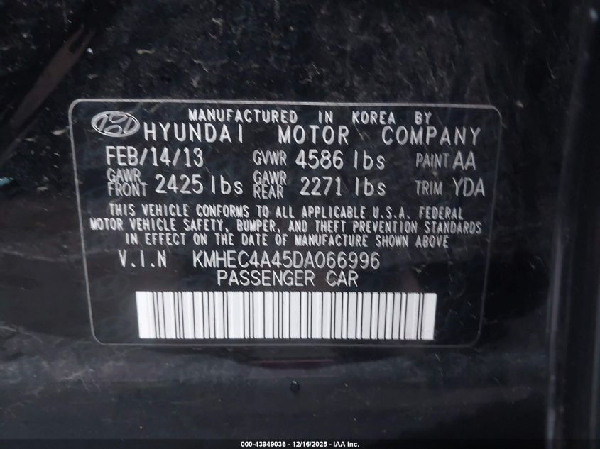 2013 Hyundai Sonata Hybrid Limited VIN: KMHEC4A45DA066996 Lot: 43949036
