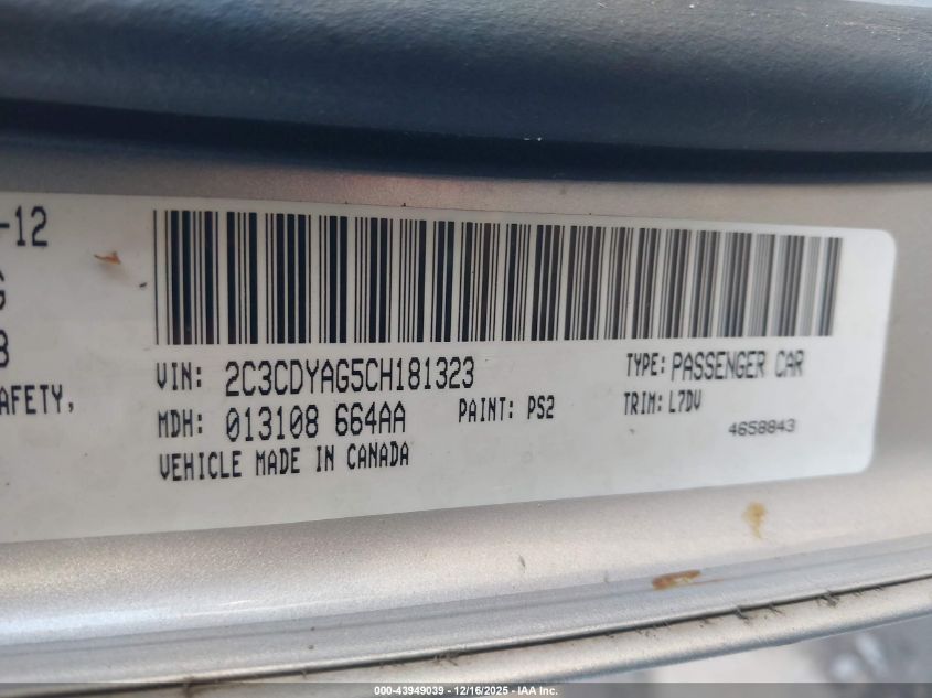 2012 Dodge Challenger Sxt VIN: 2C3CDYAG5CH181323 Lot: 43949039