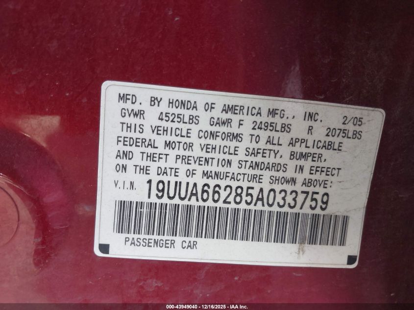 2005 Acura Tl VIN: 19UUA66285A033759 Lot: 43949040