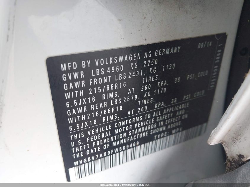 2015 Volkswagen Tiguan S VIN: WVGBV7AX9FW509469 Lot: 43949041