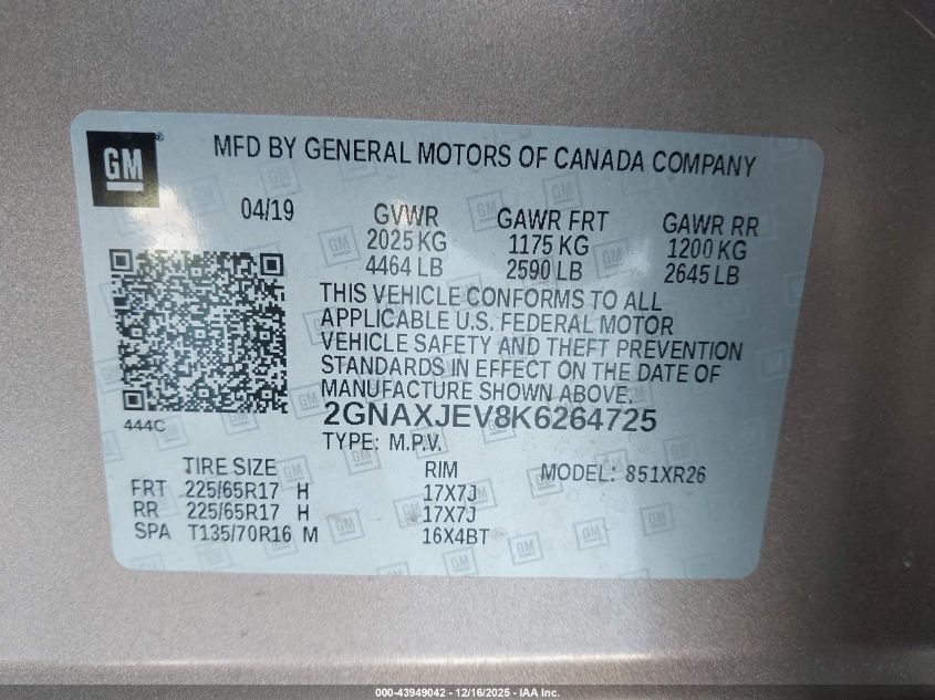 2019 Chevrolet Equinox Lt VIN: 2GNAXJEV8K6264725 Lot: 43949042