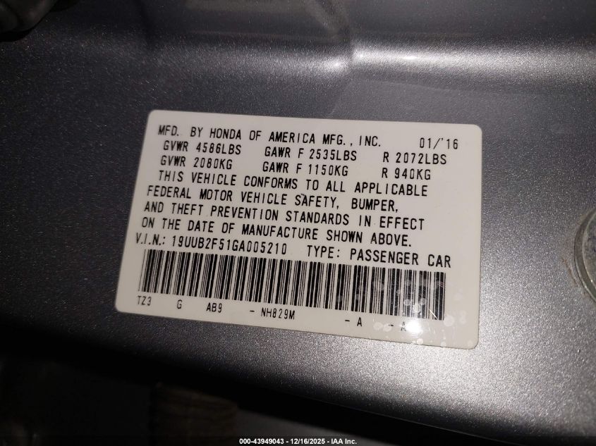 2016 Acura Tlx V6 Tech VIN: 19UUB2F51GA005210 Lot: 43949043