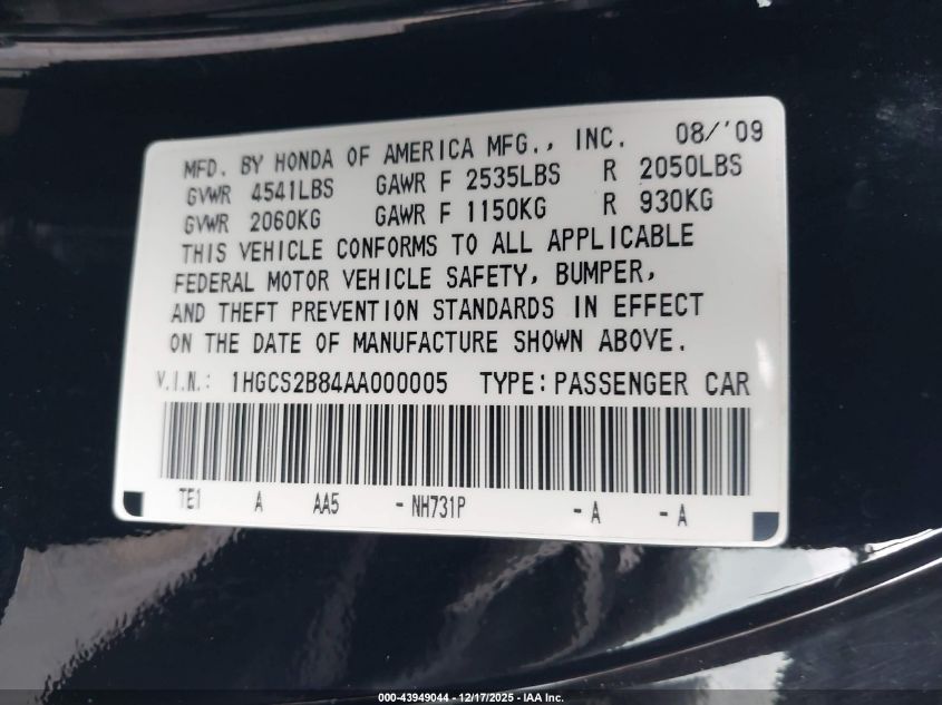 2010 Honda Accord 3.5 Ex-L VIN: 1HGCS2B84AA000005 Lot: 43949044