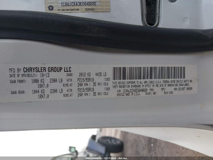 2014 Jeep Compass Latitude VIN: 1C4NJCEA3ED648020 Lot: 43949045