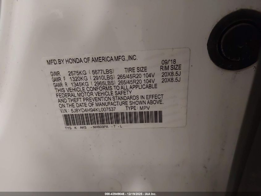 2019 Acura Mdx Advance Entertainment Pkgs VIN: 5J8YD4H94KL007537 Lot: 43949046