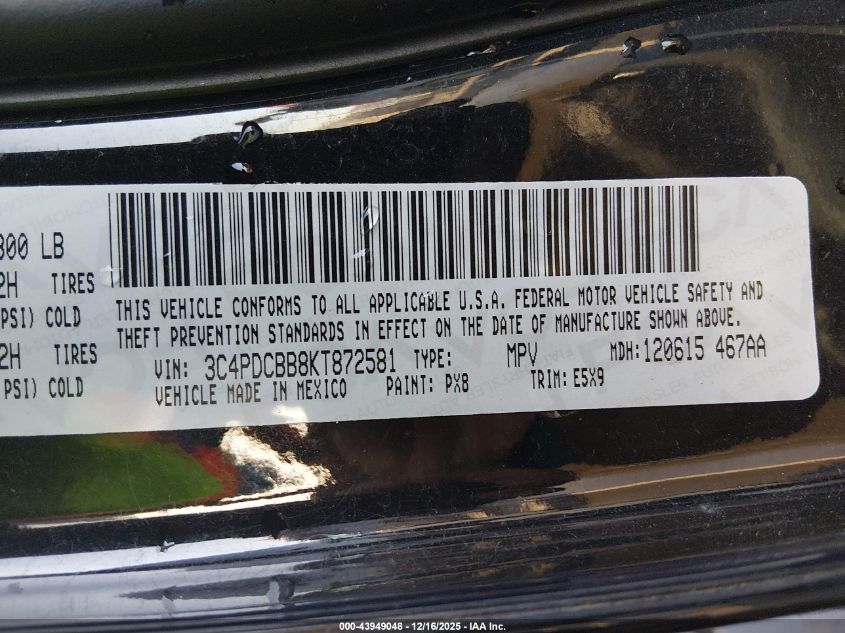 2019 Dodge Journey Se VIN: 3C4PDCBB8KT872581 Lot: 43949048