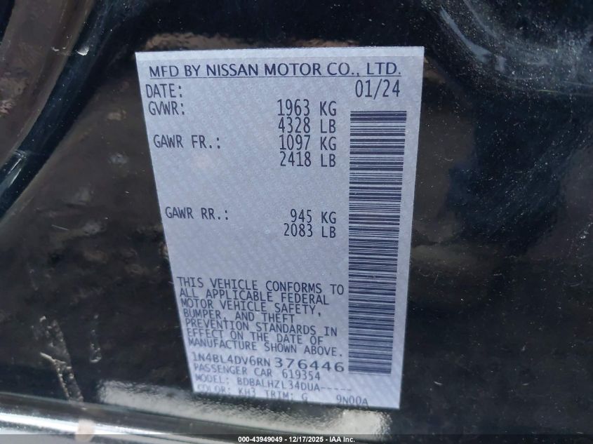 2024 Nissan Altima Sv Fwd VIN: 1N4BL4DV6RN376446 Lot: 43949049