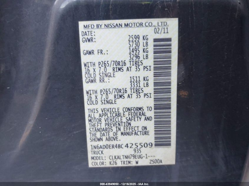 2011 Nissan Frontier Sv VIN: 1N6AD0ER4BC425509 Lot: 43949050