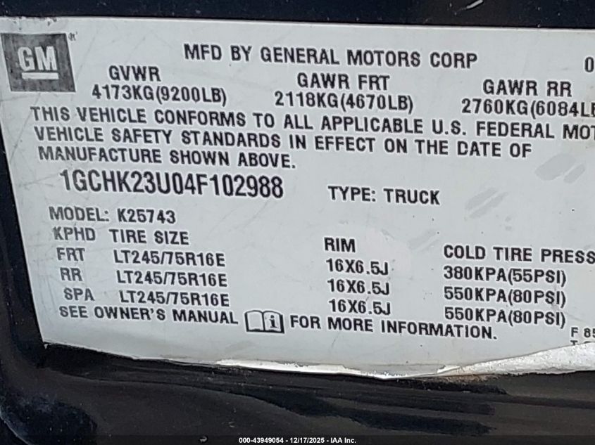 2004 Chevrolet Silverado 2500Hd Lt VIN: 1GCHK23U04F102988 Lot: 43949054