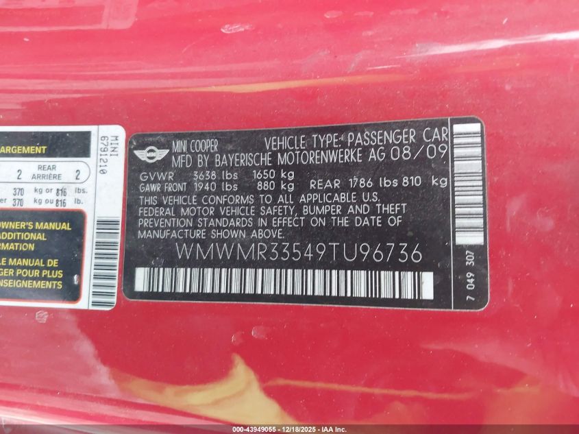 2009 Mini Cooper VIN: WMWMR33549TU96736 Lot: 43949055