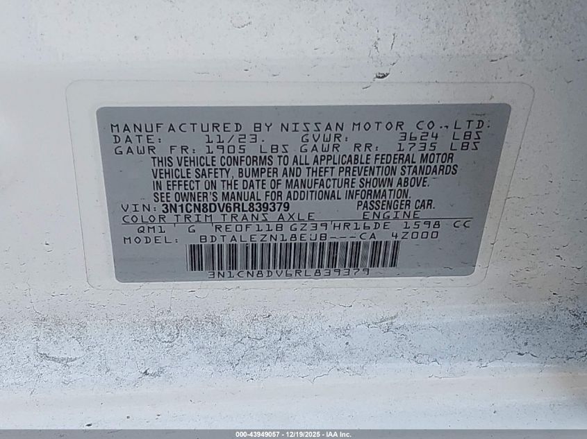 2024 Nissan Versa 1.6 S VIN: 3N1CN8DV6RL839379 Lot: 43949057