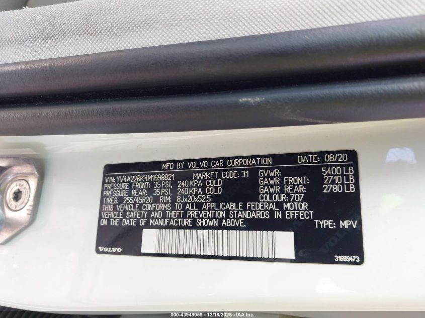 2021 Volvo Xc60 T6 Momentum VIN: YV4A22RK4M1698821 Lot: 43949059